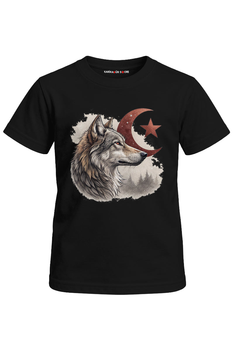 Ay Yıldızlı Kurt Baskılı Unisex Çocuk Tişört