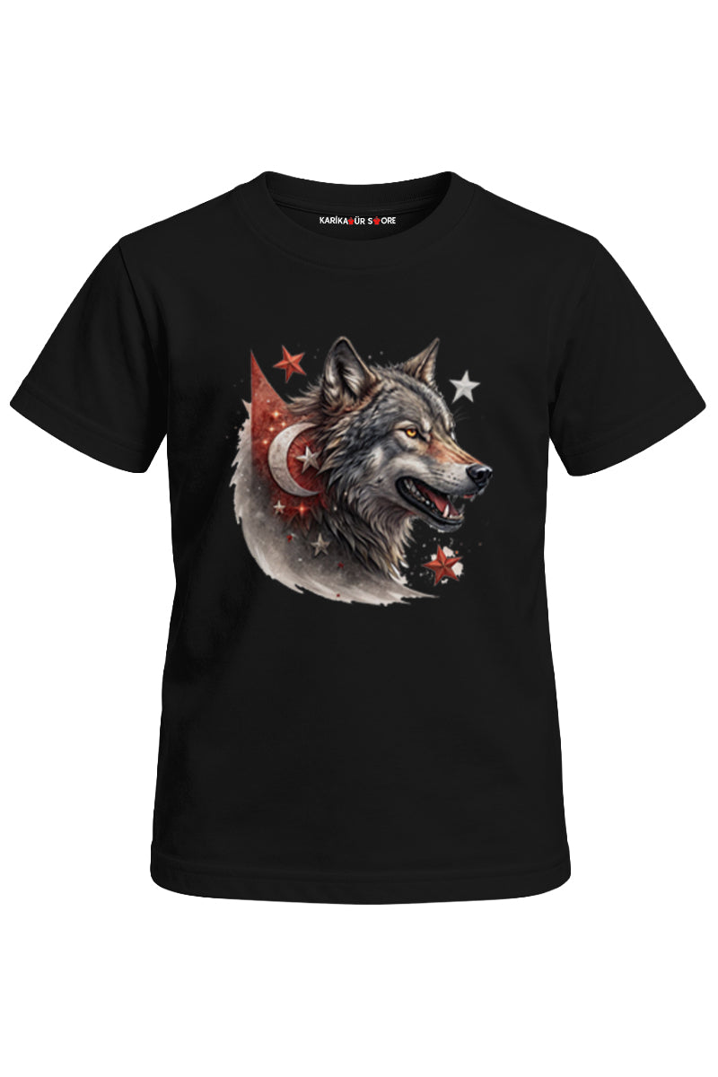Bayraklı Kurt Baskılı Unisex Çocuk Tişört