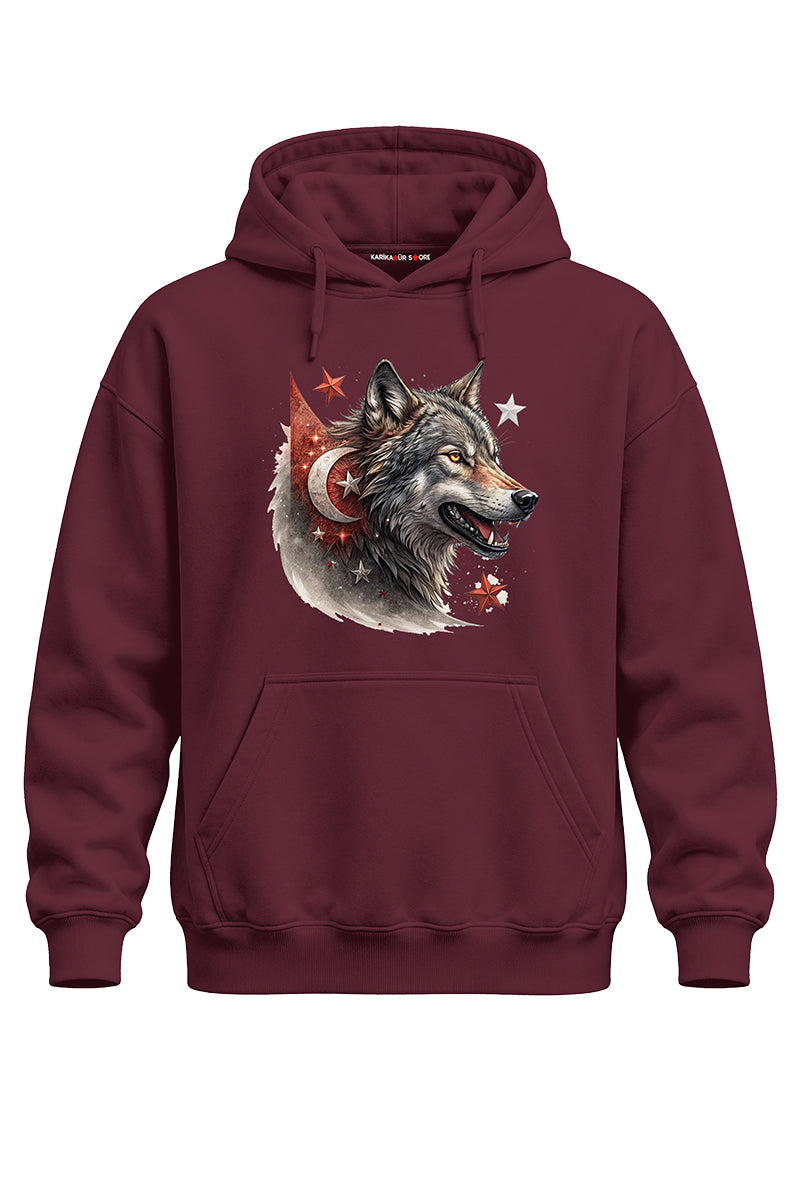 Bayraklı Kurt Baskılı Kaliteli Unisex Kapşonlu Sweatshirt
