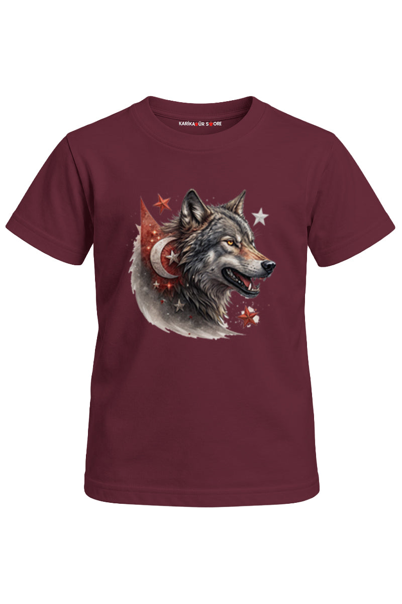 Bayraklı Kurt Baskılı Unisex Çocuk Tişört