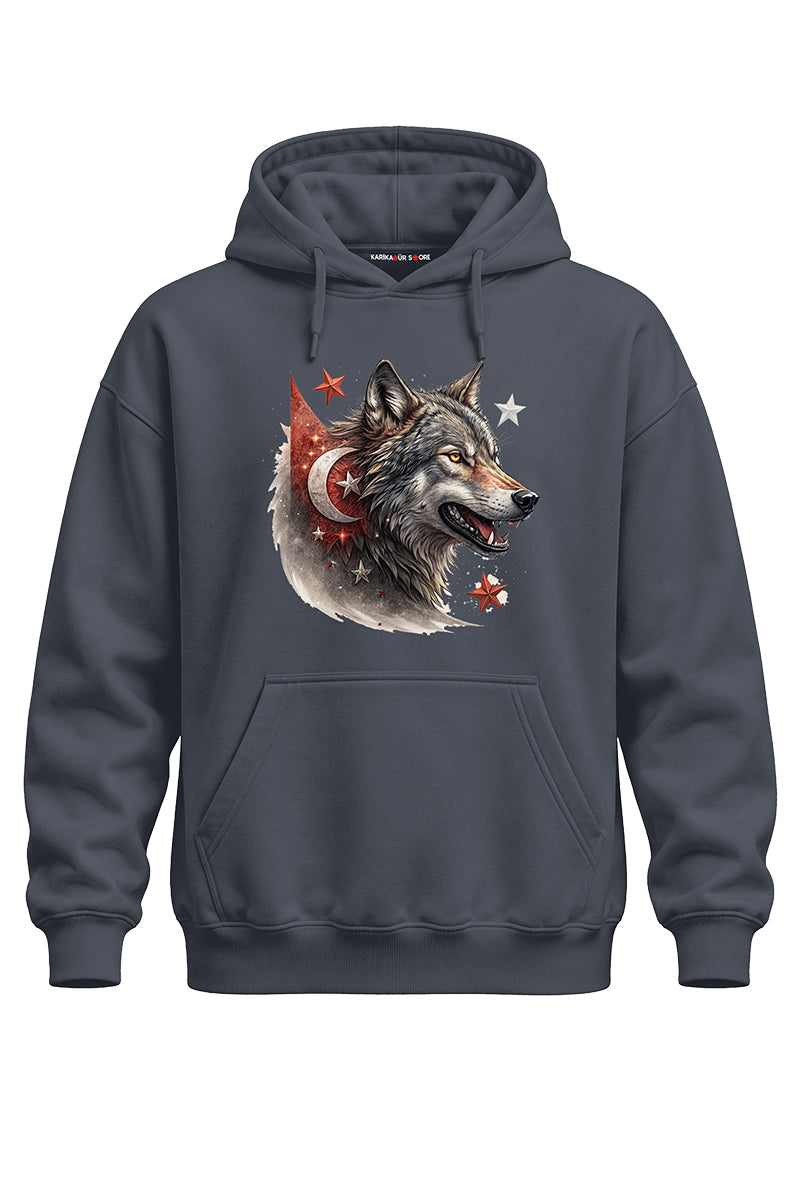 Bayraklı Kurt Baskılı Kaliteli Unisex Kapşonlu Sweatshirt