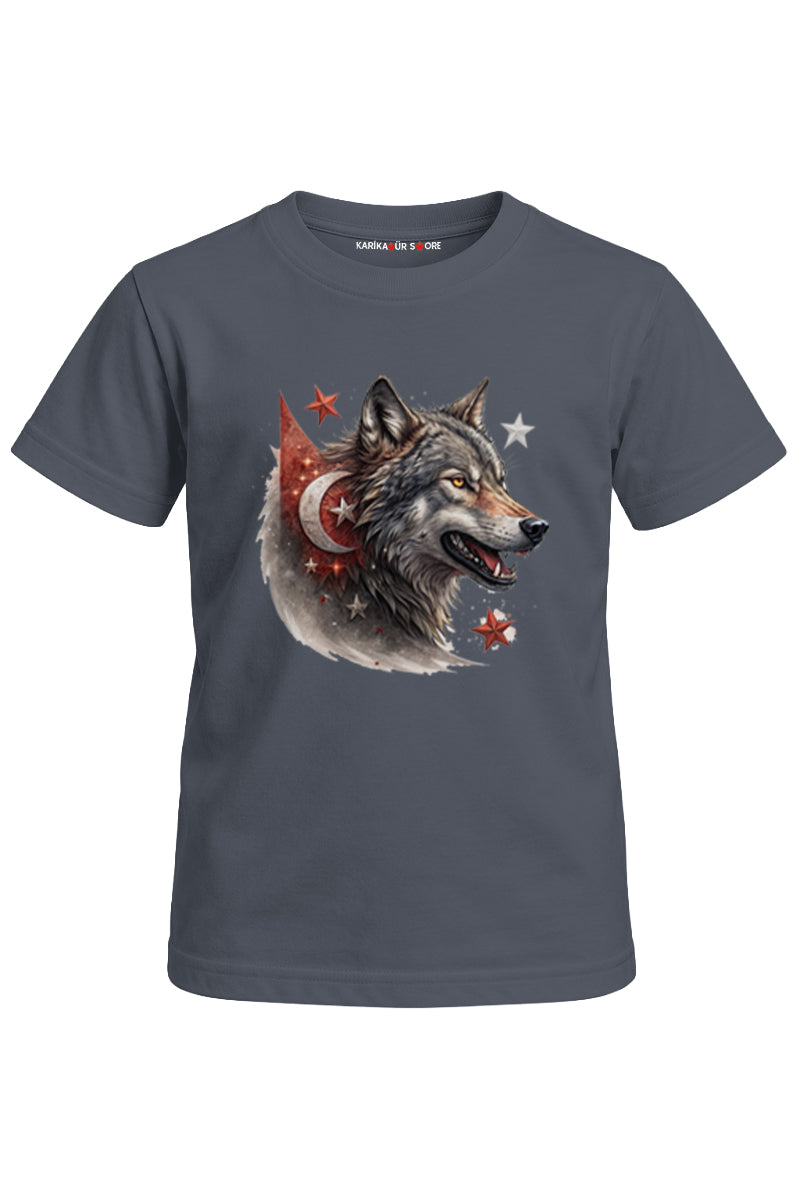 Bayraklı Kurt Baskılı Unisex Çocuk Tişört
