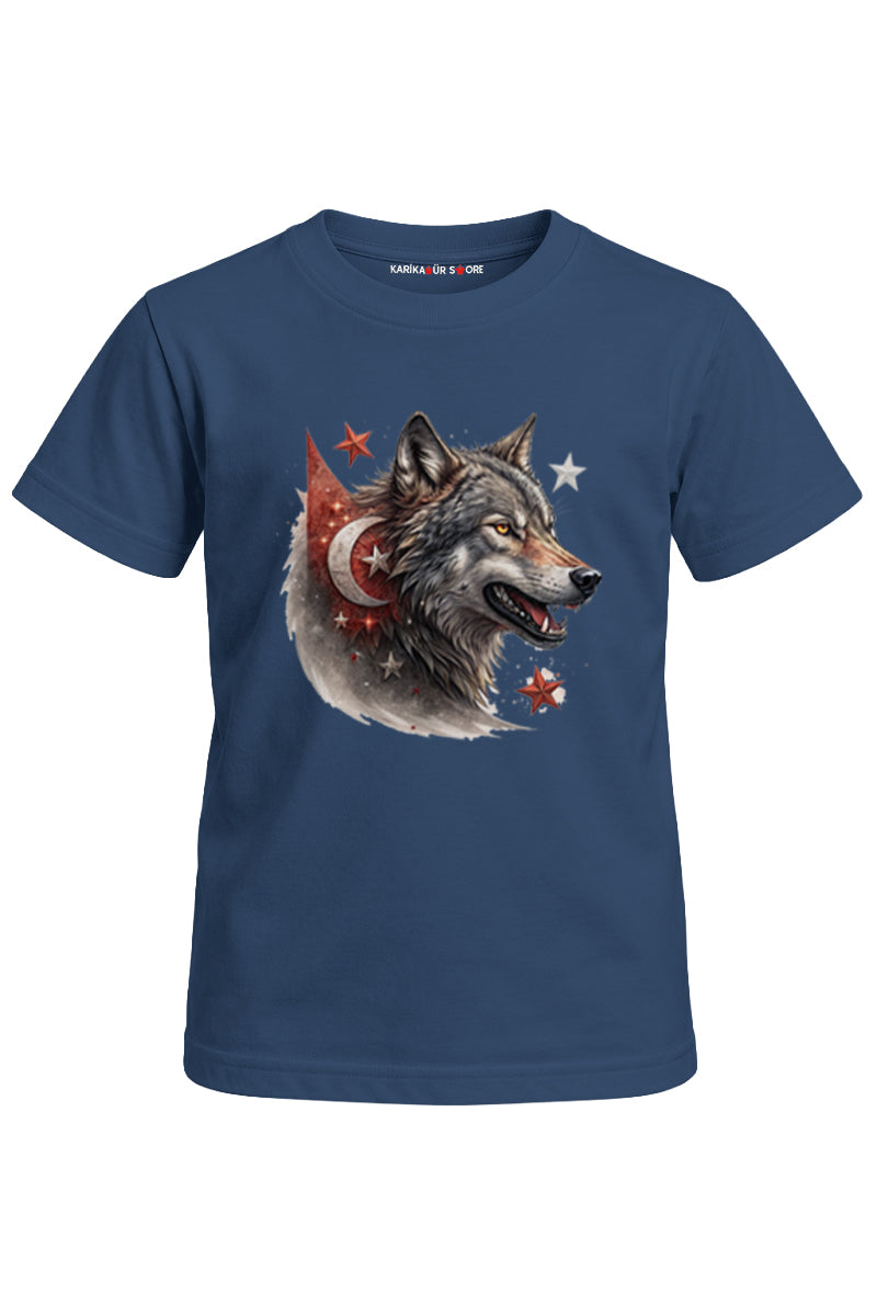 Bayraklı Kurt Baskılı Unisex Çocuk Tişört