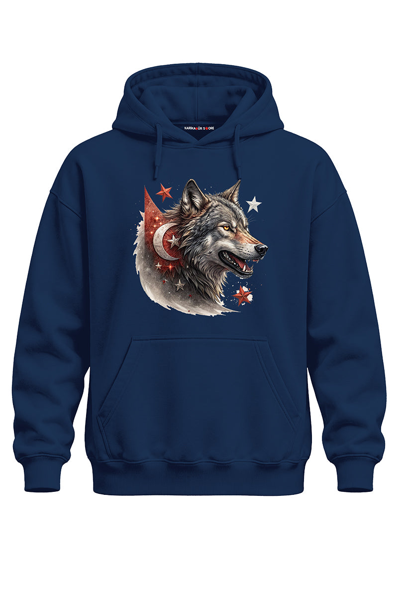 Bayraklı Kurt Baskılı Kaliteli Unisex Kapşonlu Sweatshirt