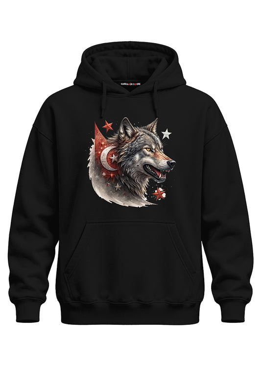 Bayraklı Kurt Baskılı Kaliteli Unisex Kapşonlu Sweatshirt