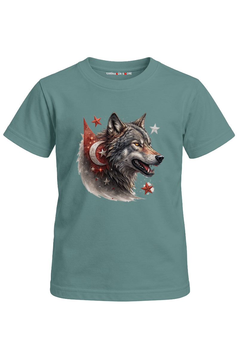 Bayraklı Kurt Baskılı Unisex Çocuk Tişört