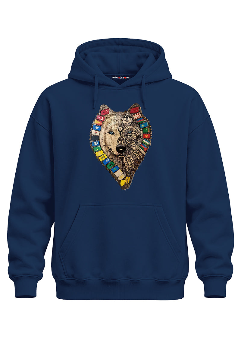 Bayraklı Yeleli Kurt Baskılı Kaliteli Unisex Kapşonlu Sweatshirt