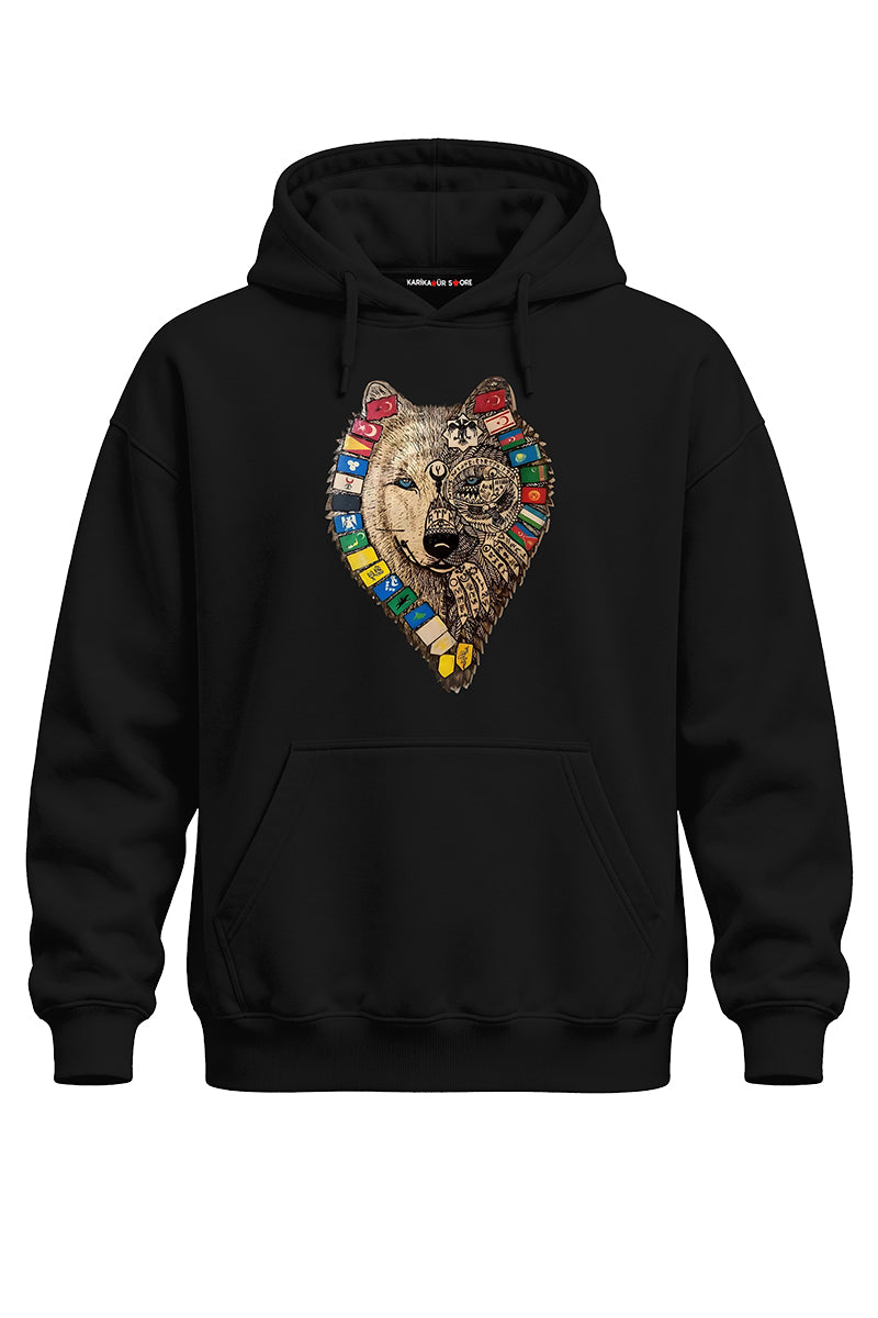 Bayraklı Yeleli Kurt Baskılı Kaliteli Unisex Kapşonlu Sweatshirt