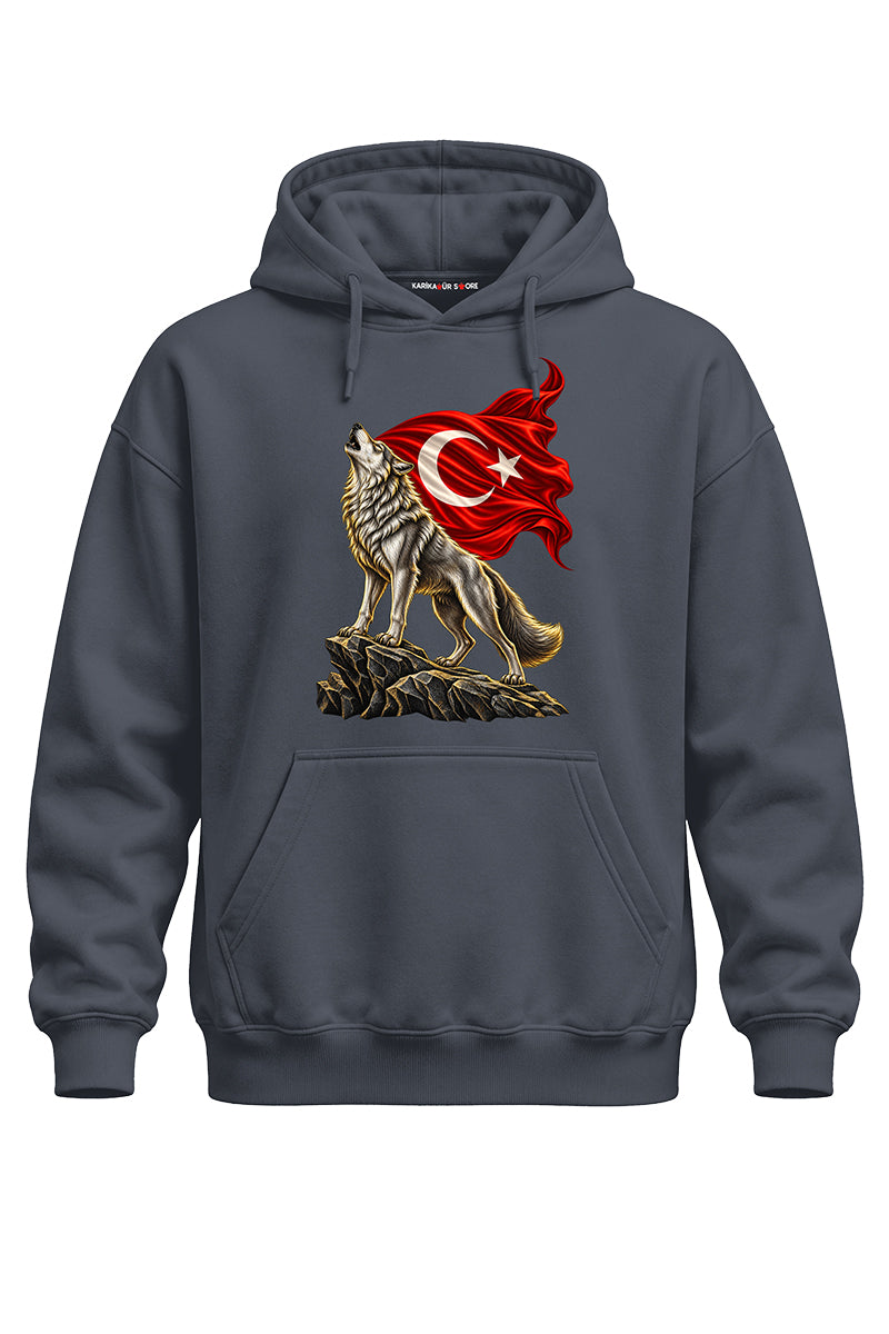 Uluyan Kurt Baskılı Kaliteli Unisex Kapşonlu Sweatshirt