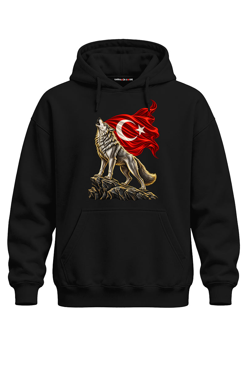 Uluyan Kurt Baskılı Kaliteli Unisex Kapşonlu Sweatshirt